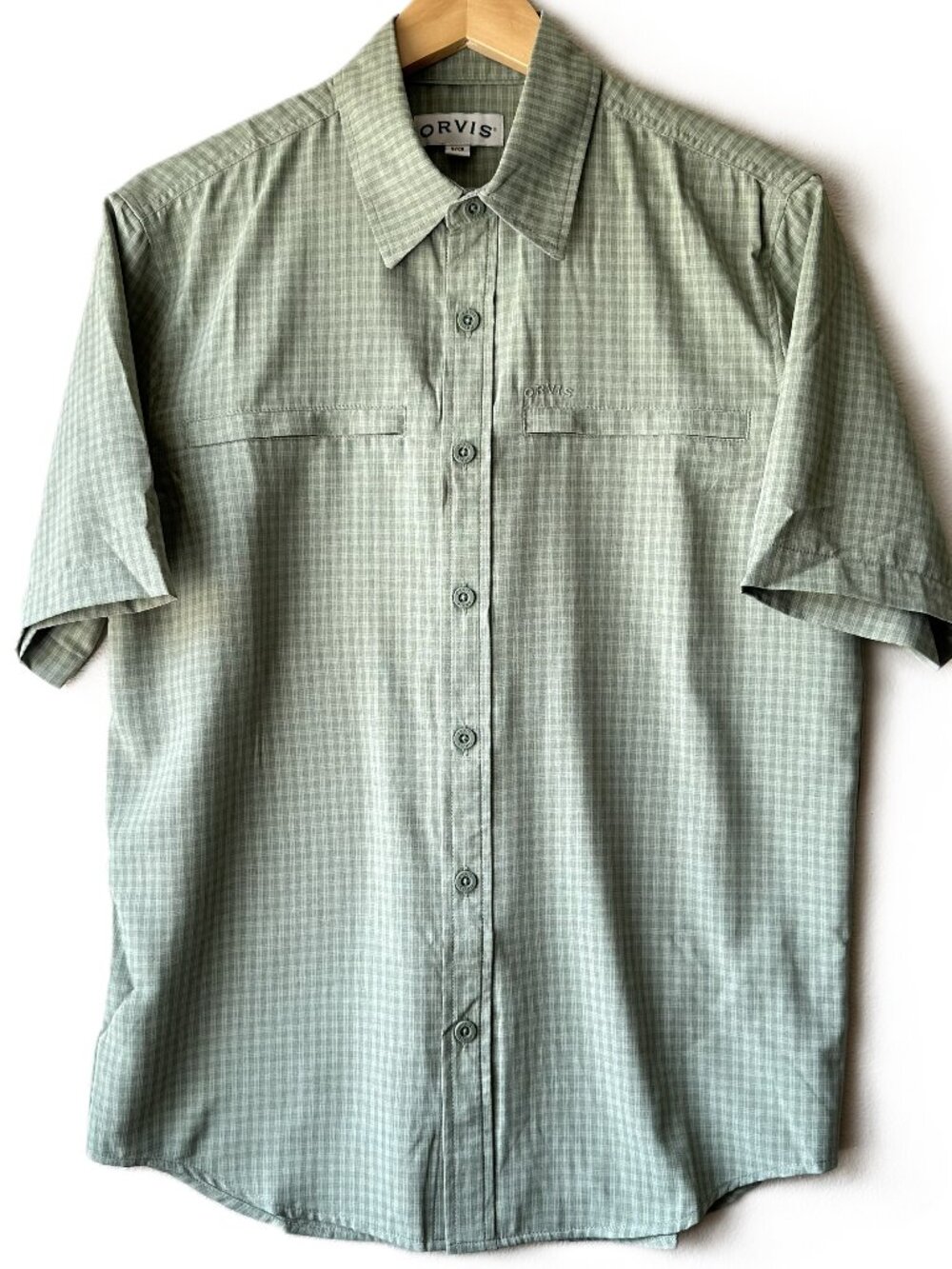 Orvis Mens Small Fishing Shirt Sage Green Plaid Short Sleeve Quick Dry Outdoor